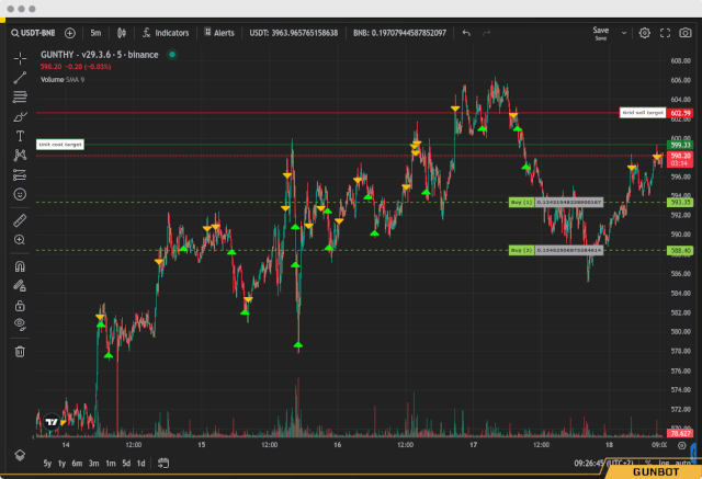A detailed trading chart with Gunbot trading bot strategy visualization.