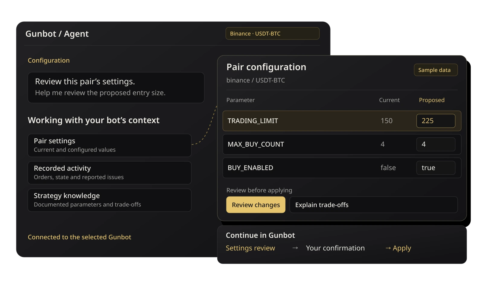 Gunbot Agents-gesprek naast een voorstel voor paarinstellingen, met voorbeeldgegevens