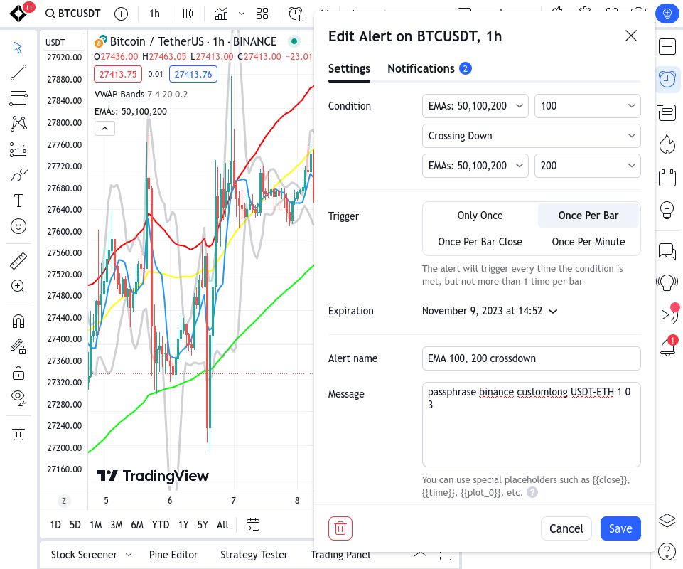 TradingView webhook message that combines fulfilled buy conditions for Gunbot
