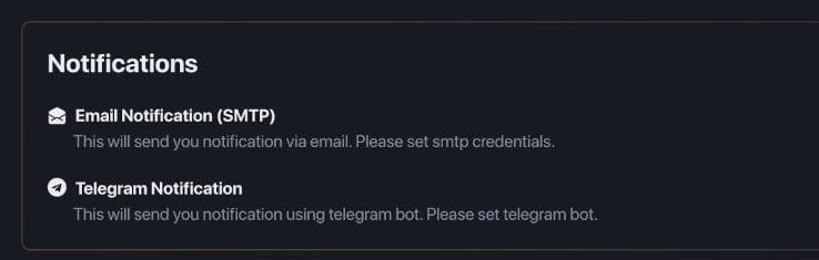 Gunbot Monitor email and Telegram notification settings for bot status alerts