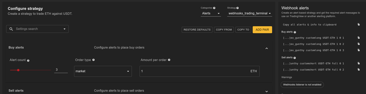 Gunbot TradingView alert configuration with webhook passphrase, pair, and trading settings
