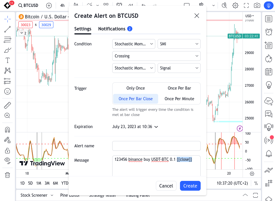 TradingView webhook alert that Gunbot processes as an automated trading signal TradingView webhook alert configured to send an external trading signal to Gunbot