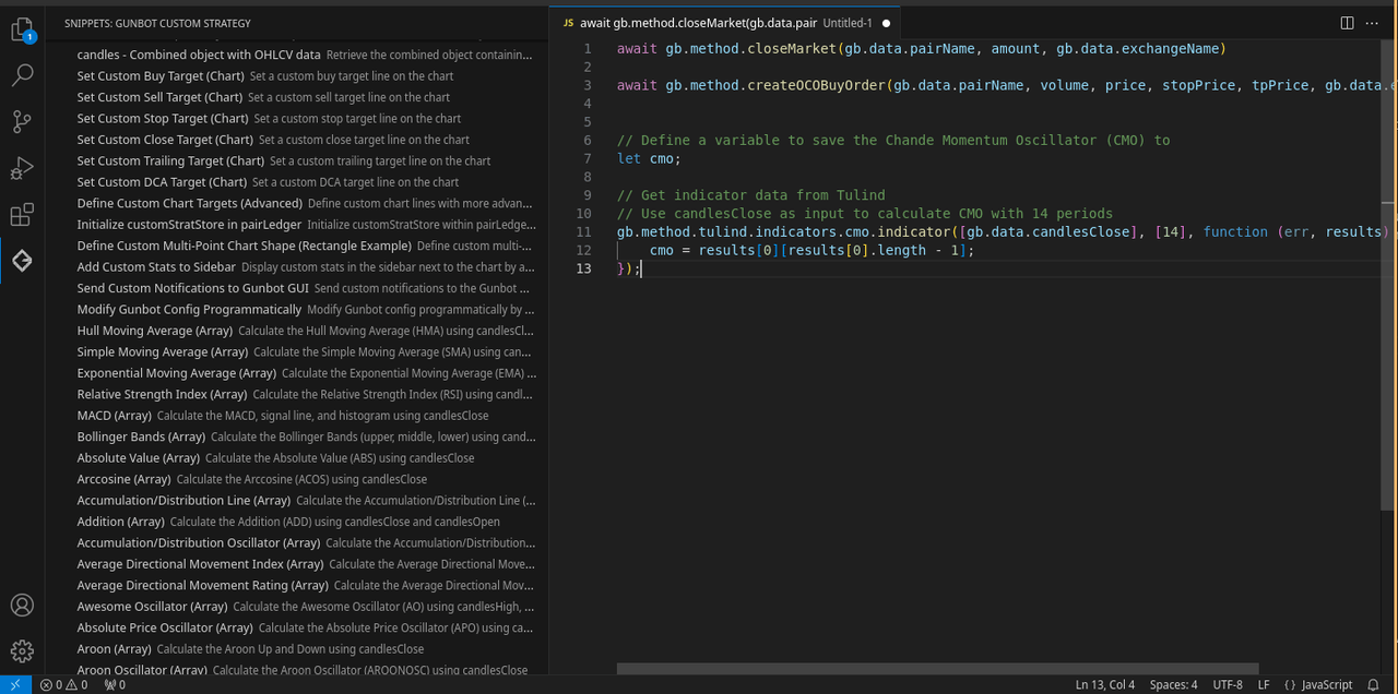 Visual Studio Code showing Gunbot custom trading strategy snippets and inline method documentation