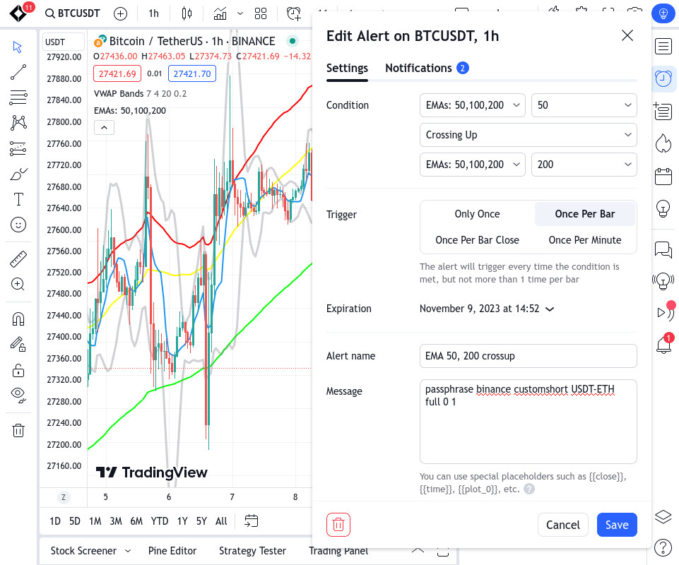 TradingView sell alert configured for a bullish EMA crossover condition