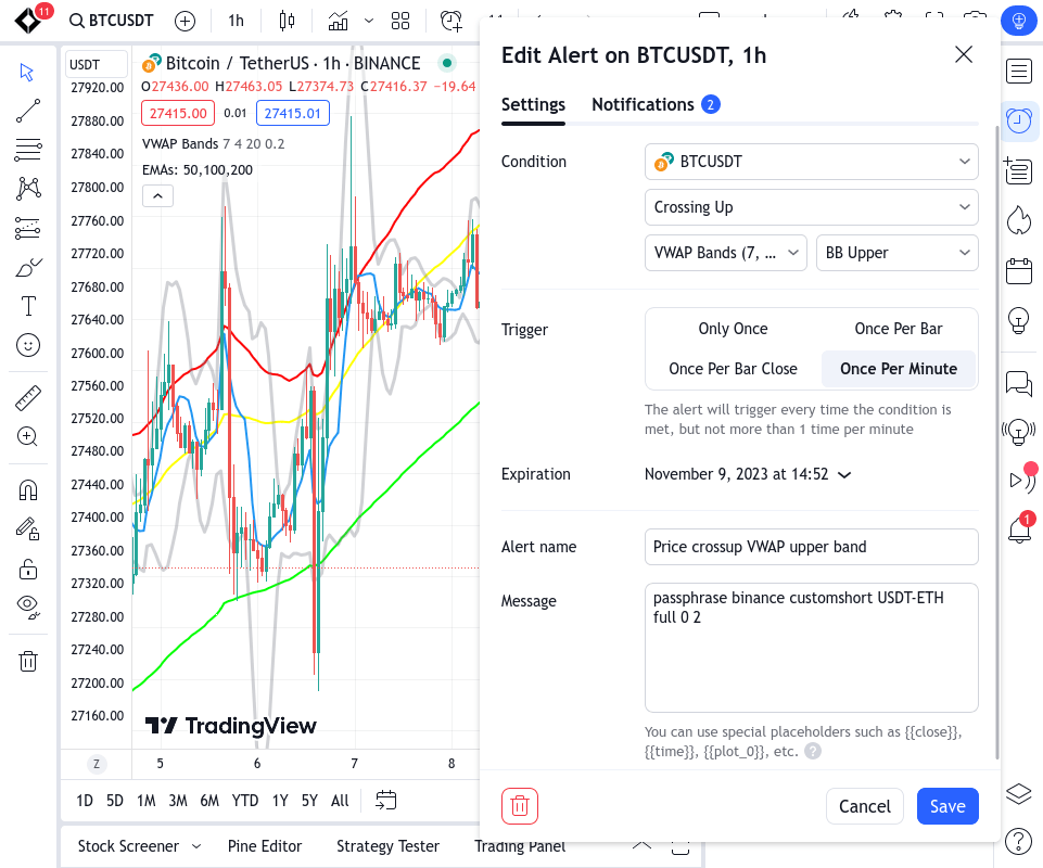 TradingView sell alert configured when price crosses above the upper VWAP band