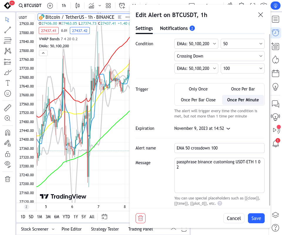 TradingView buy alert configured when price crosses below the lower VWAP band