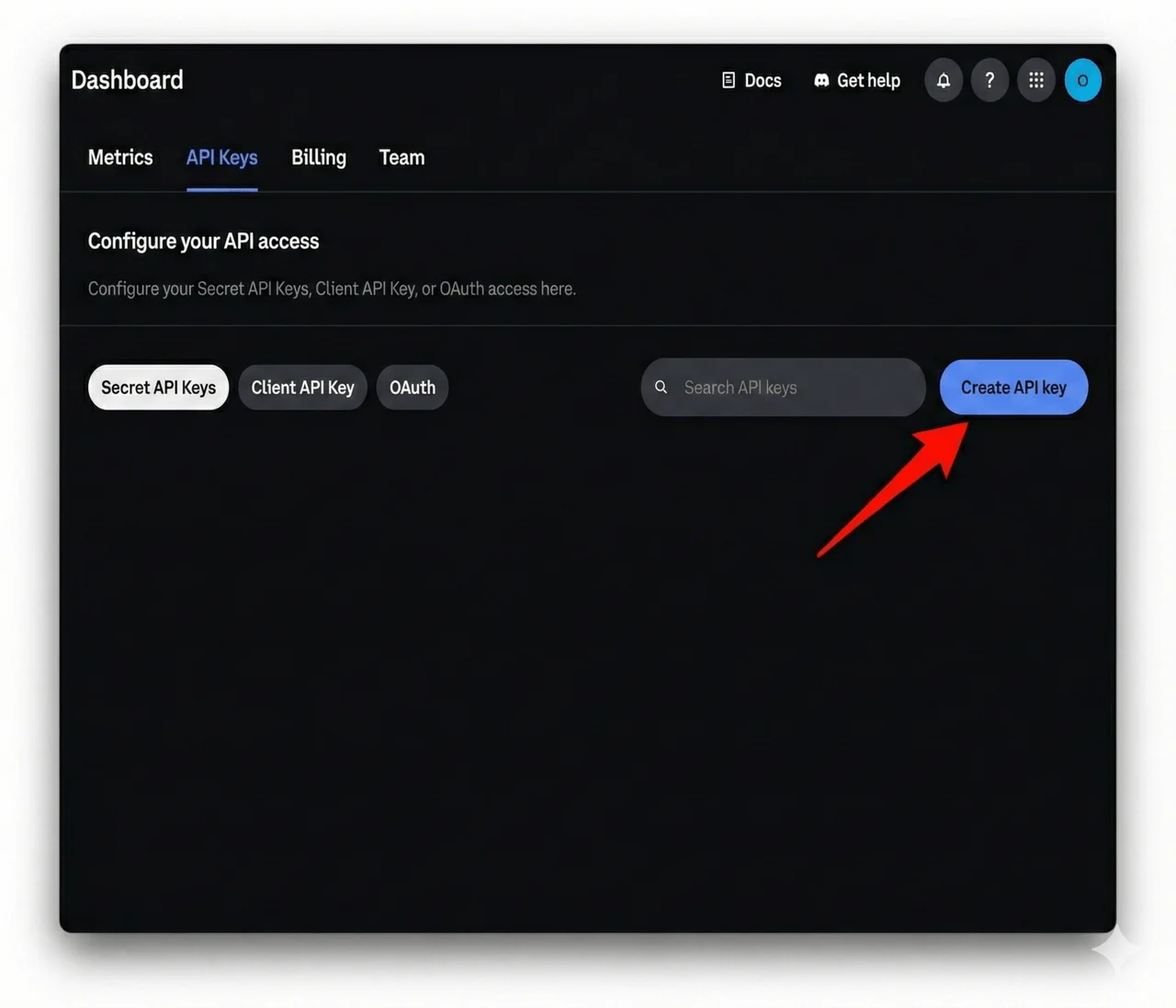Button to initiate API key creation in Coinbase Developer Platform Navigate to Create API Key section in Coinbase Developer Platform