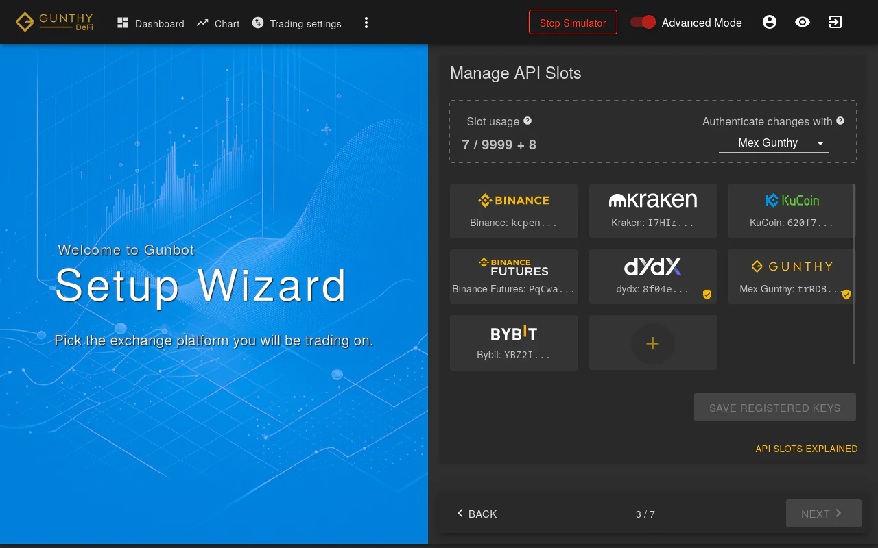 Gunbot API slots management interface showing available slots for adding exchanges. Gunbot API slots management interface showing available slots for adding exchanges.