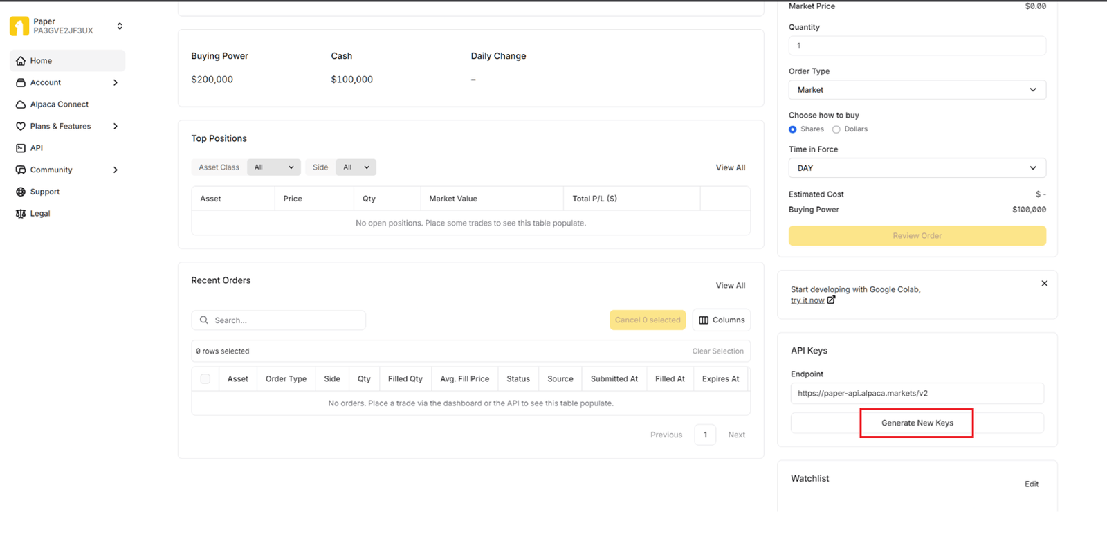 Alpaca API credentials for Gunbot automated trading Alpaca brokerage API key generation screen showing the key ID and secret required by Gunbot