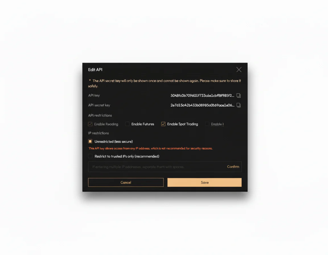 Set Spot or Futures markets, and (optional) IP restrictions Naming the API key and setting optional IP restrictions