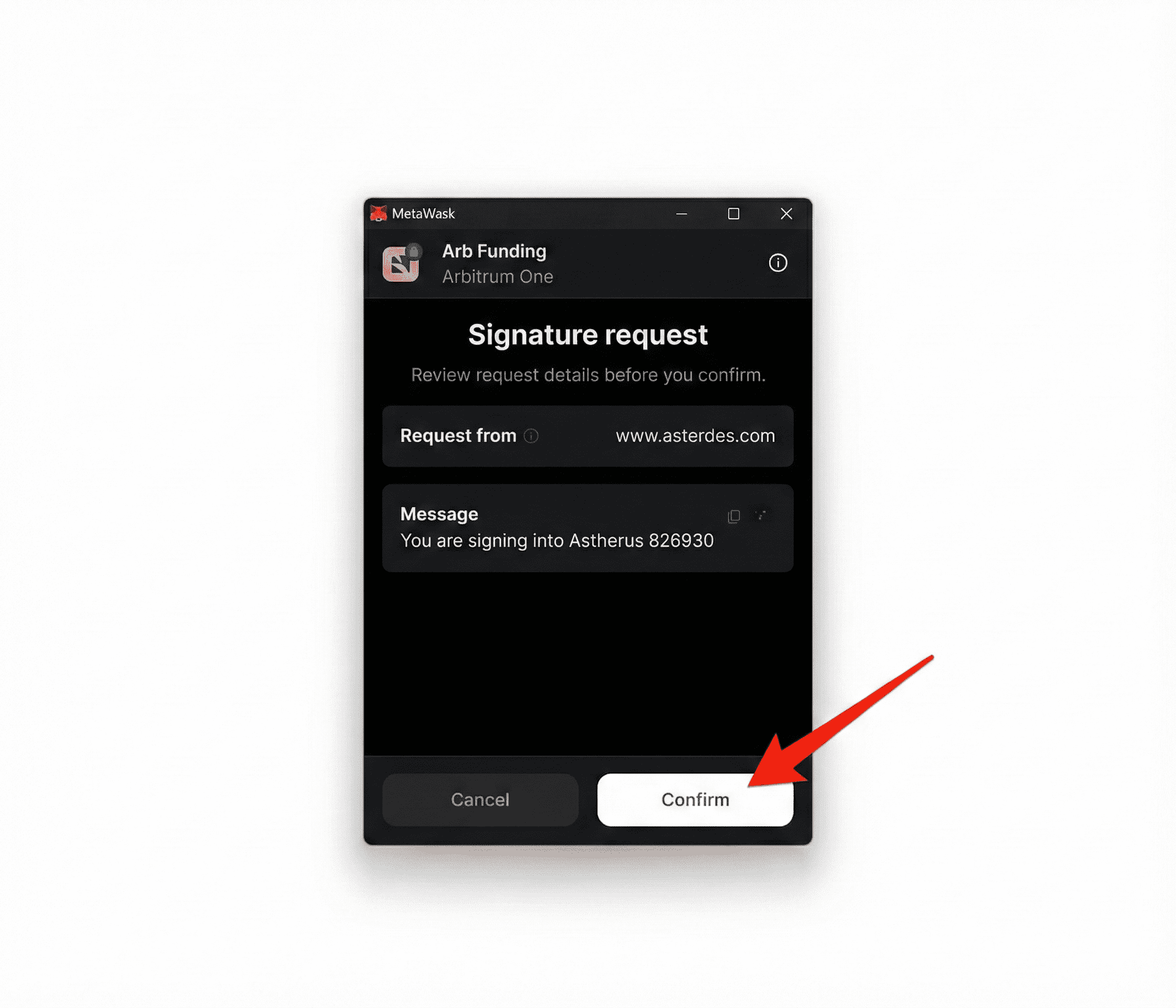 Signing the signature request in MetaMask to authorize API creation