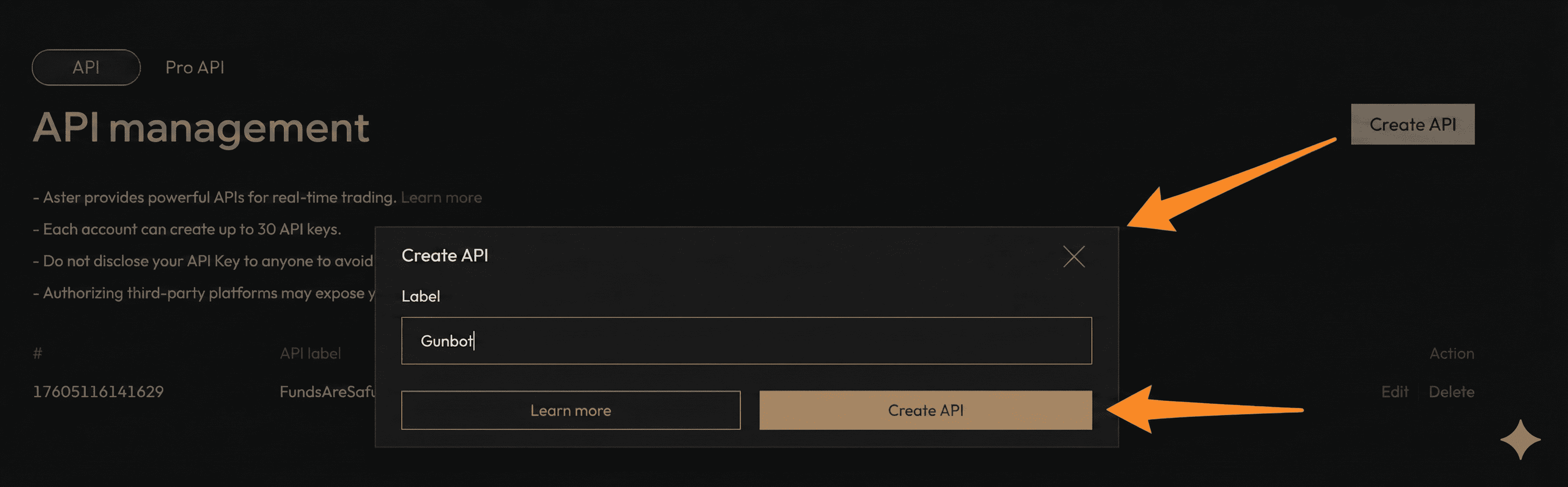 Clicking the Create API button in the Aster dashboard