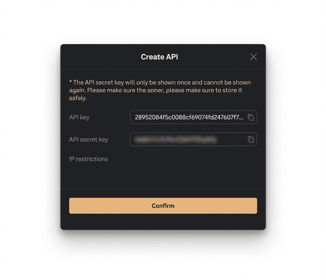 Viewing and copying the generated API Key and Secret Key