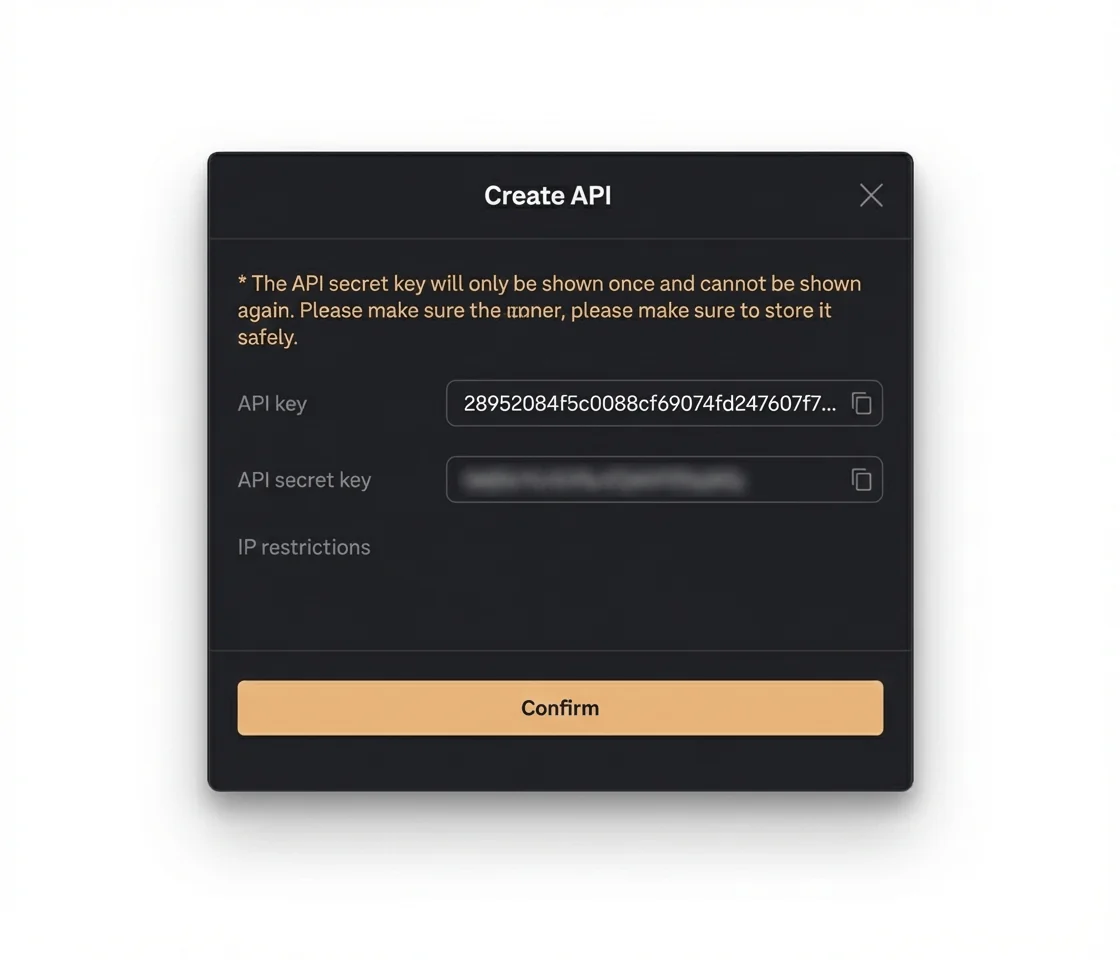 Viewing and copying the generated API Key and Secret Key Viewing and copying the generated API Key and Secret Key