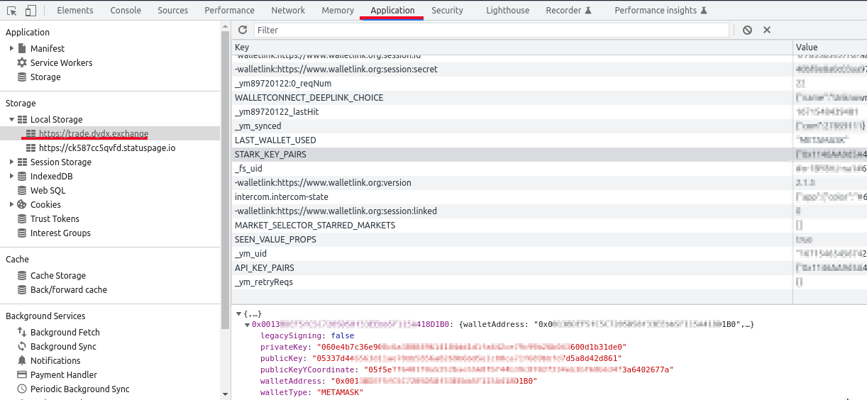 Browser developer tools local storage section Browser developer tools local storage section