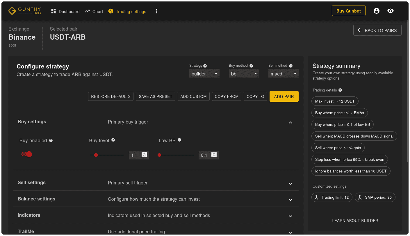 Buy settings for the bb method of the strategy builder