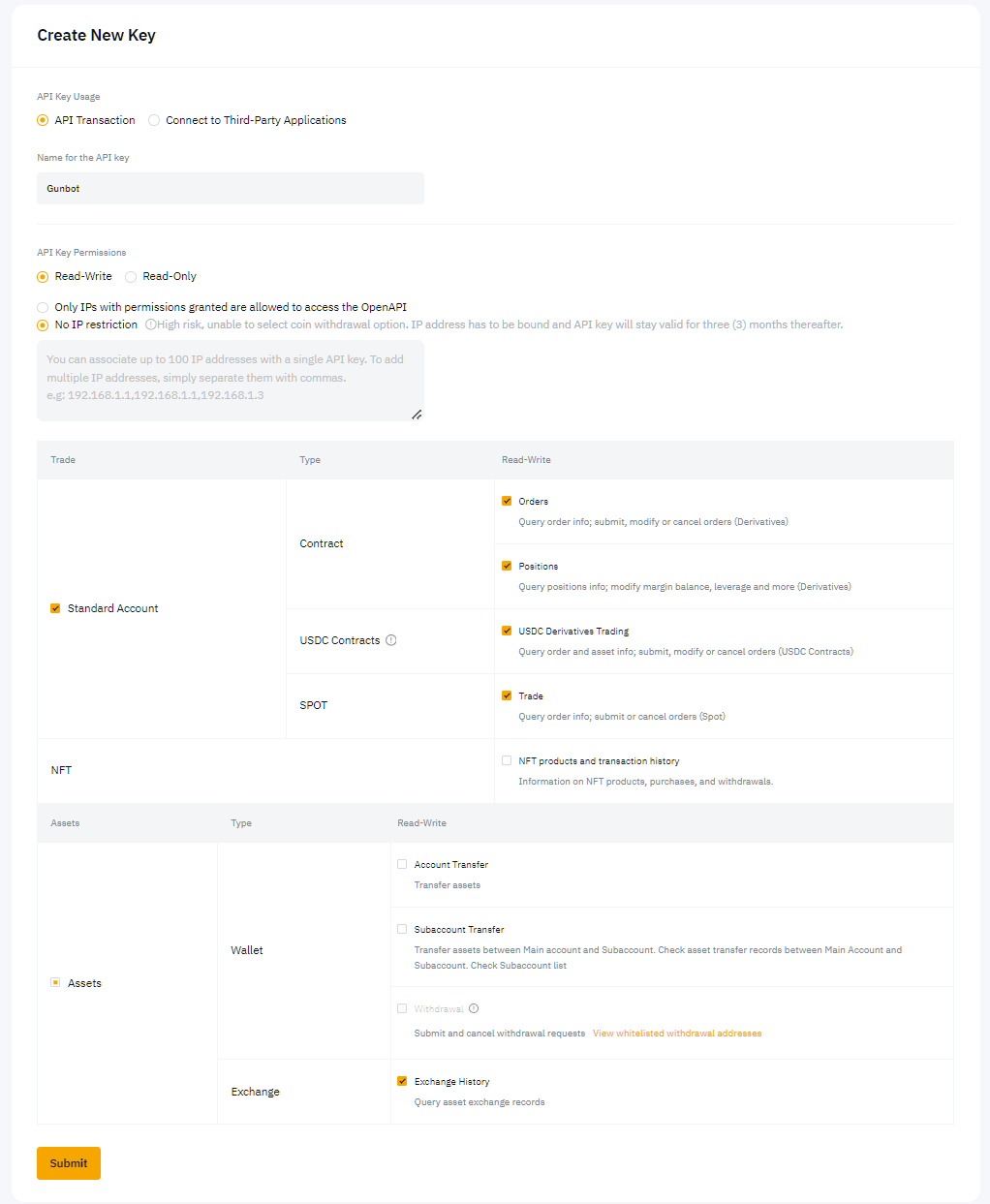 Bybit API key creation interface for non-UTA accounts
