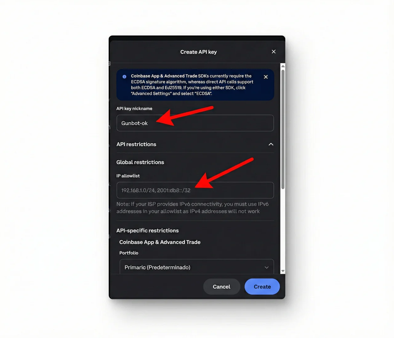 Configuring nickname and IP allowlist for a new Coinbase API key Configuring API key settings and permissions