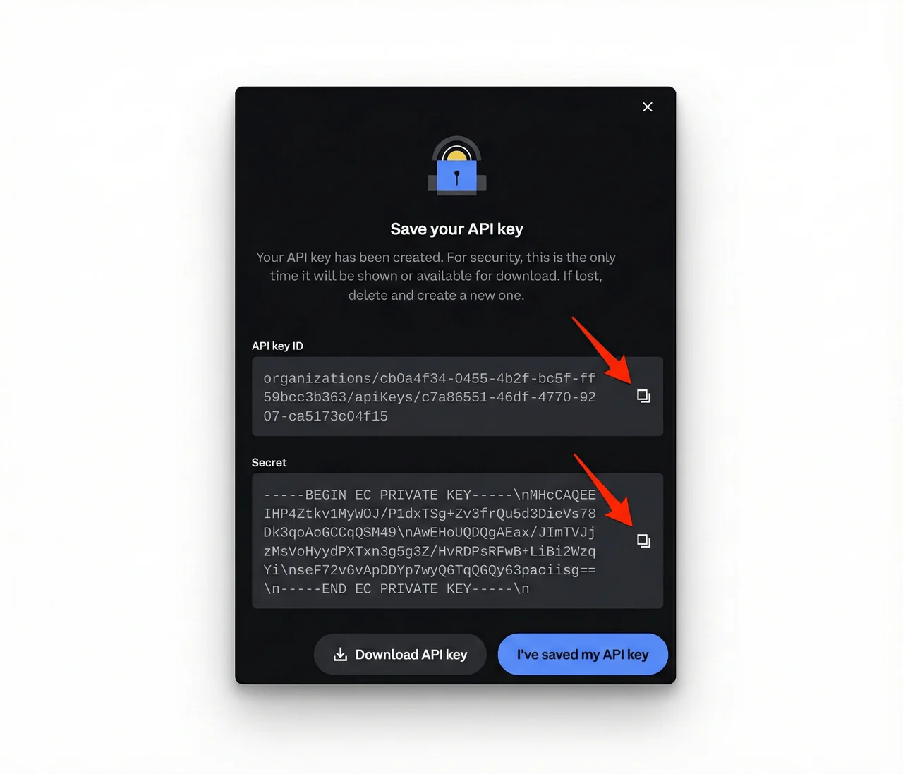 Saving the API key and Secret using the copy icons Securely storing API credentials