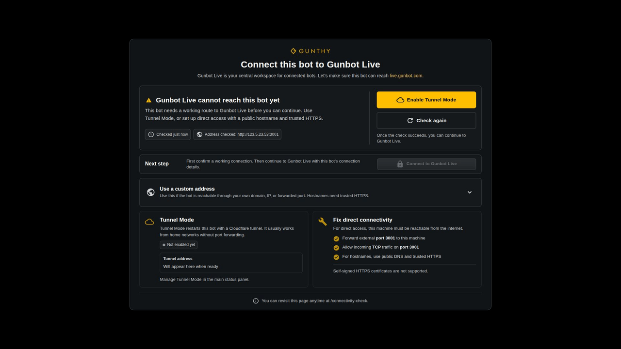 Gunbot connectivity check and connection options