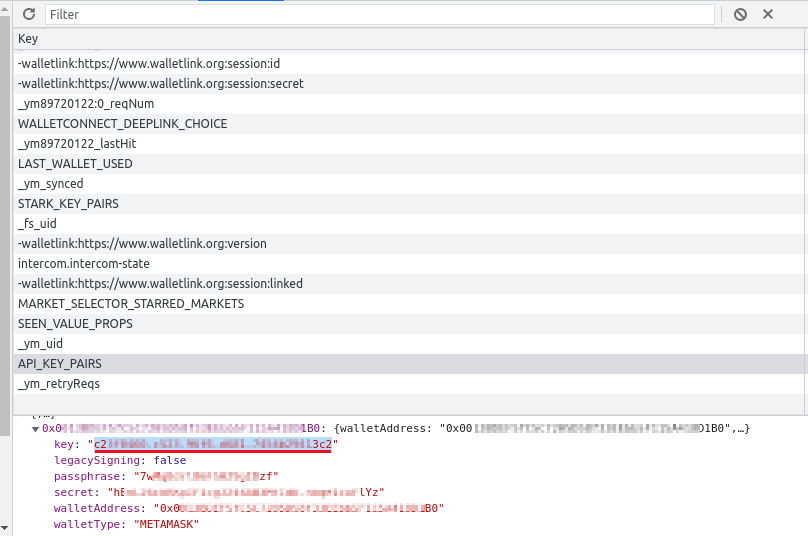 dYdX API key stored in local storage dYdX API key stored in local storage
