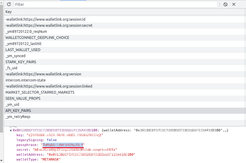 dYdX API passphrase stored in local storage dYdX API passphrase stored in local storage