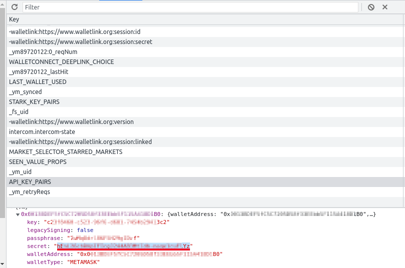 dYdX API secret stored in local storage dYdX API secret stored in local storage