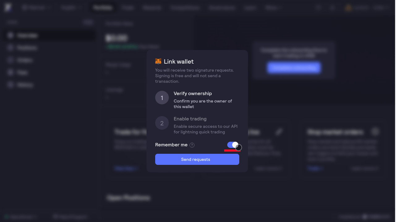 dYdX connection approval and permissions page dYdX connection approval and permissions page