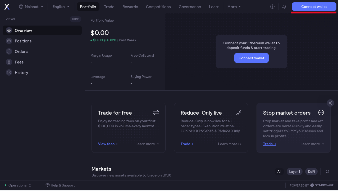 dYdX trading platform connect wallet page dYdX trading platform connect wallet page