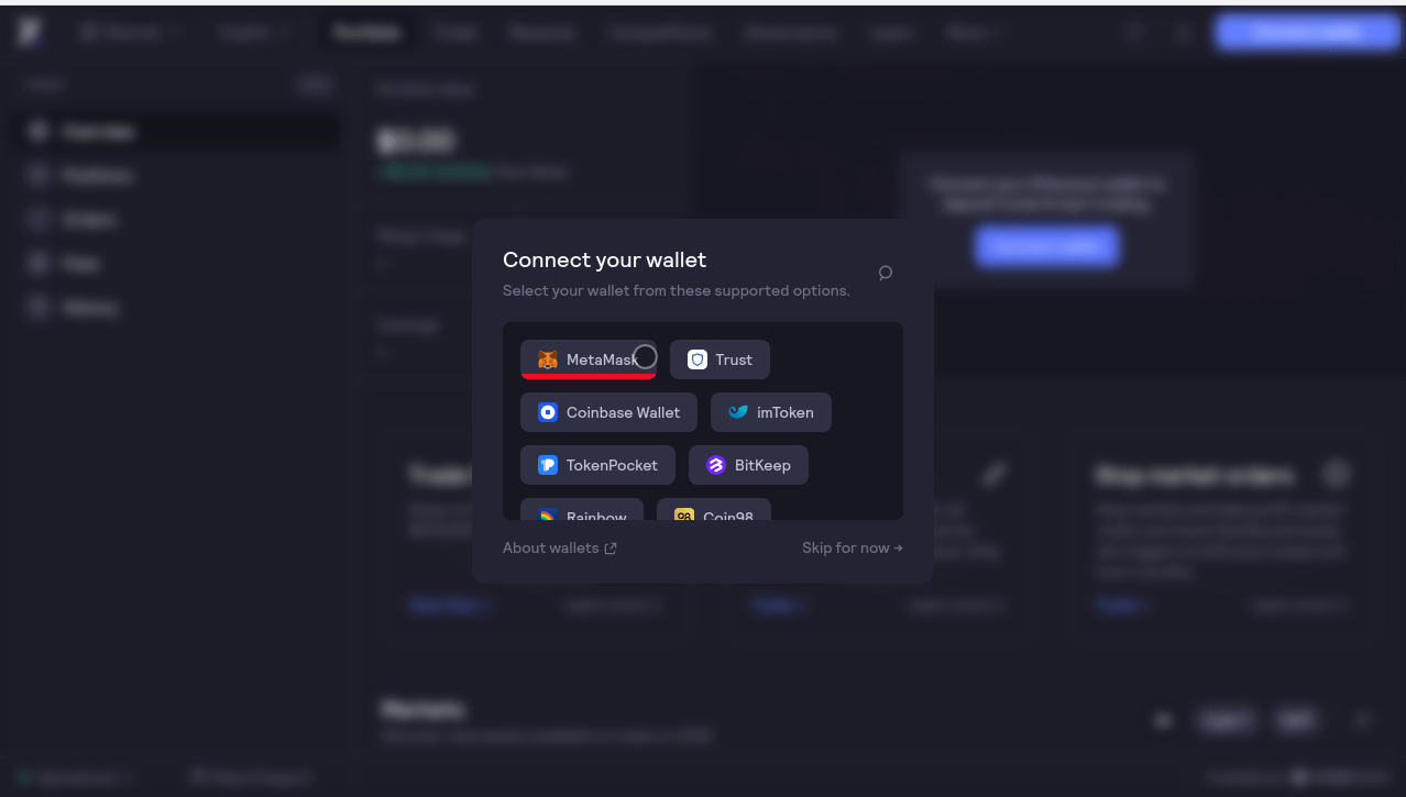 dYdX wallet options with MetaMask selected dYdX wallet options with MetaMask selected