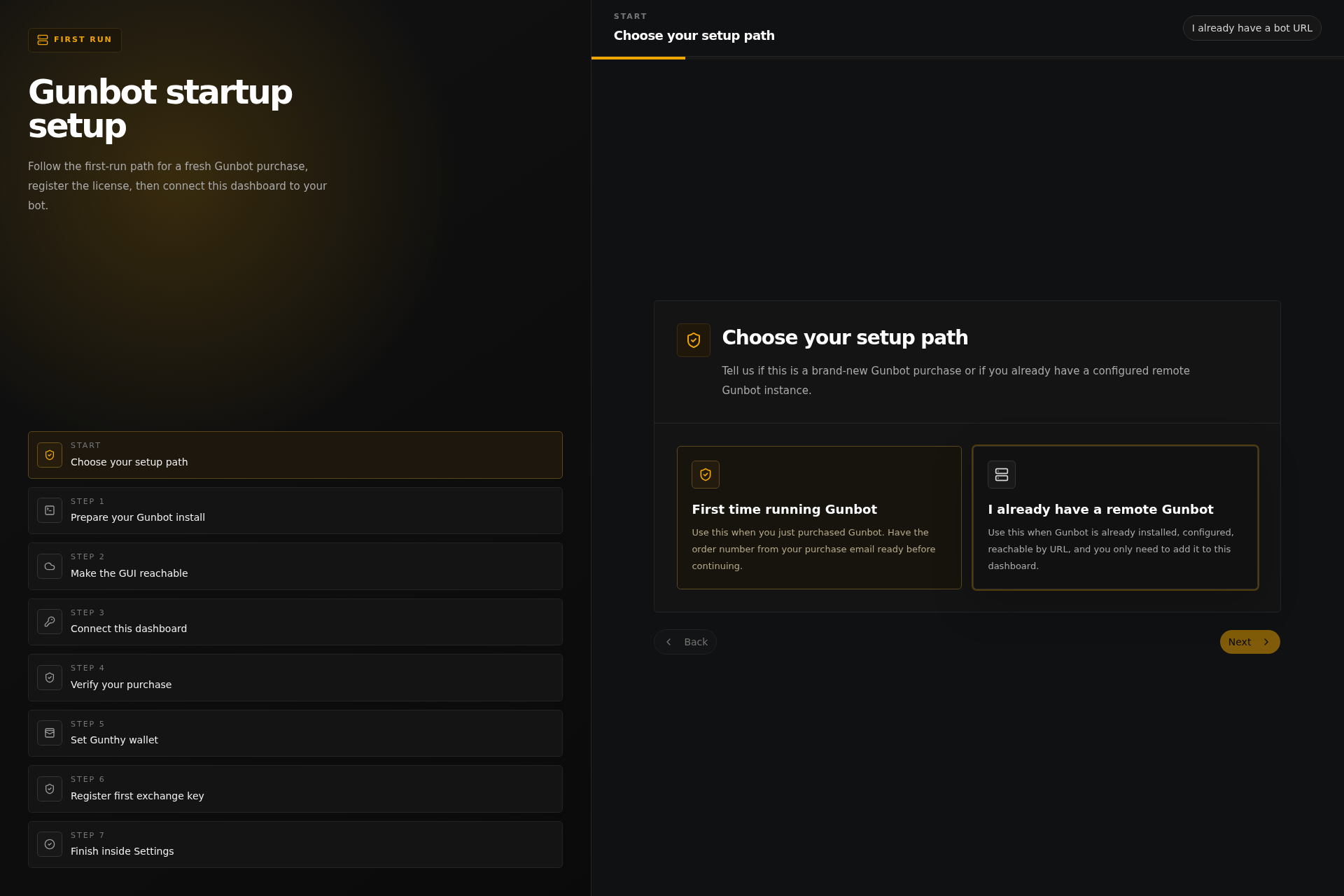 Existing Gunbot path on the startup screen Existing Gunbot path on the startup screen