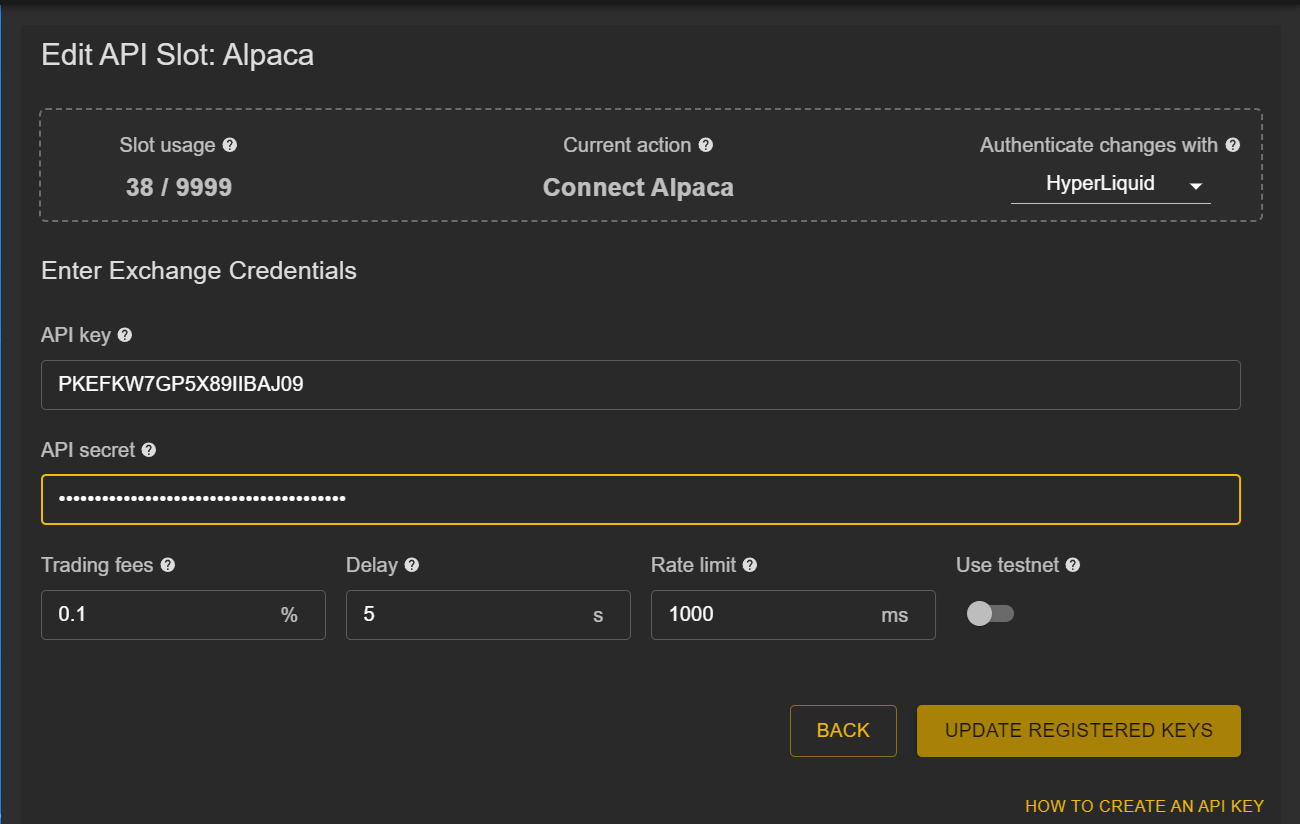 Gunbot API key configuration for Alpaca Gunbot exchange connection form for entering Alpaca brokerage API credentials