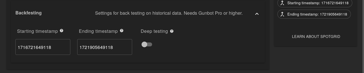 Gunbot backtesting start and end times configuration screen Gunbot interface for setting the start and end dates/times for a backtesting session.