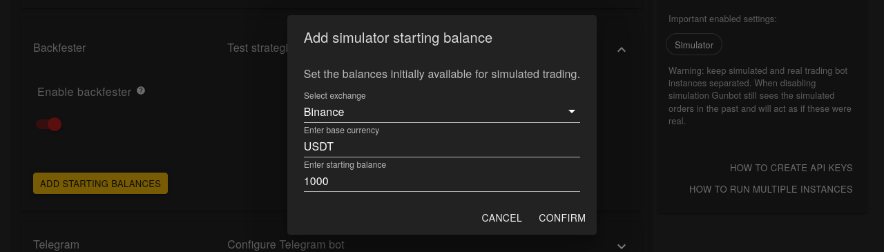 Gunbot backtesting balance configuration screen Gunbot interface for configuring starting balances for backtesting, including exchange and base currency selection.