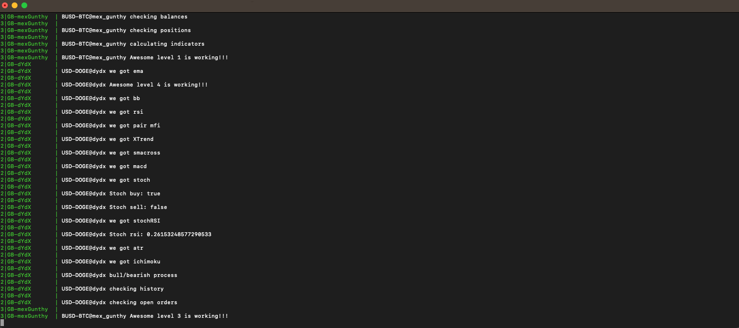 Gunbot console window showing real-time operations