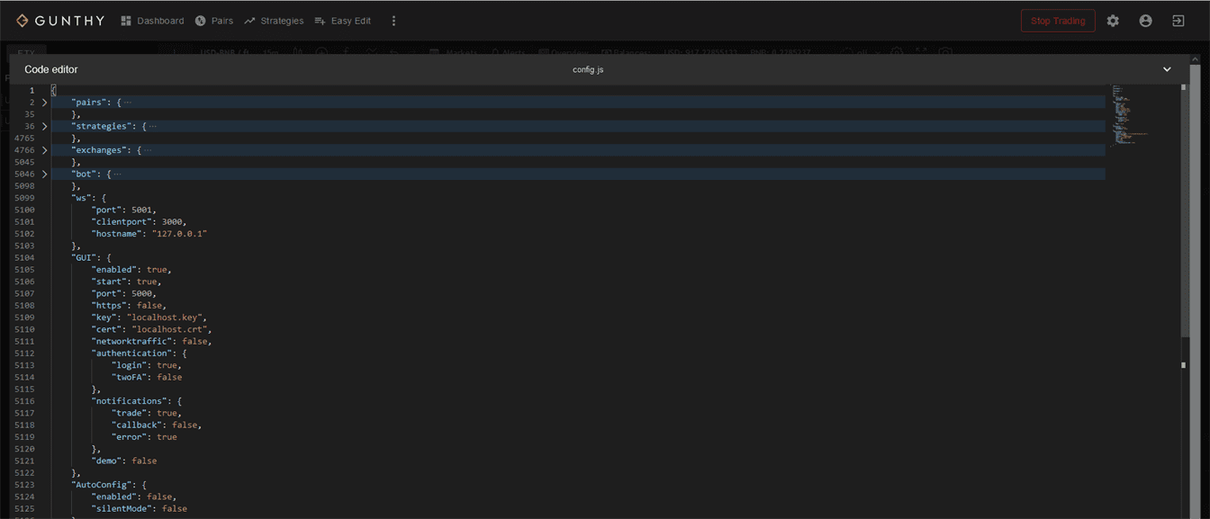 Gunbot code editor interface for custom strategy development Gunbot code editor interface for custom strategy development