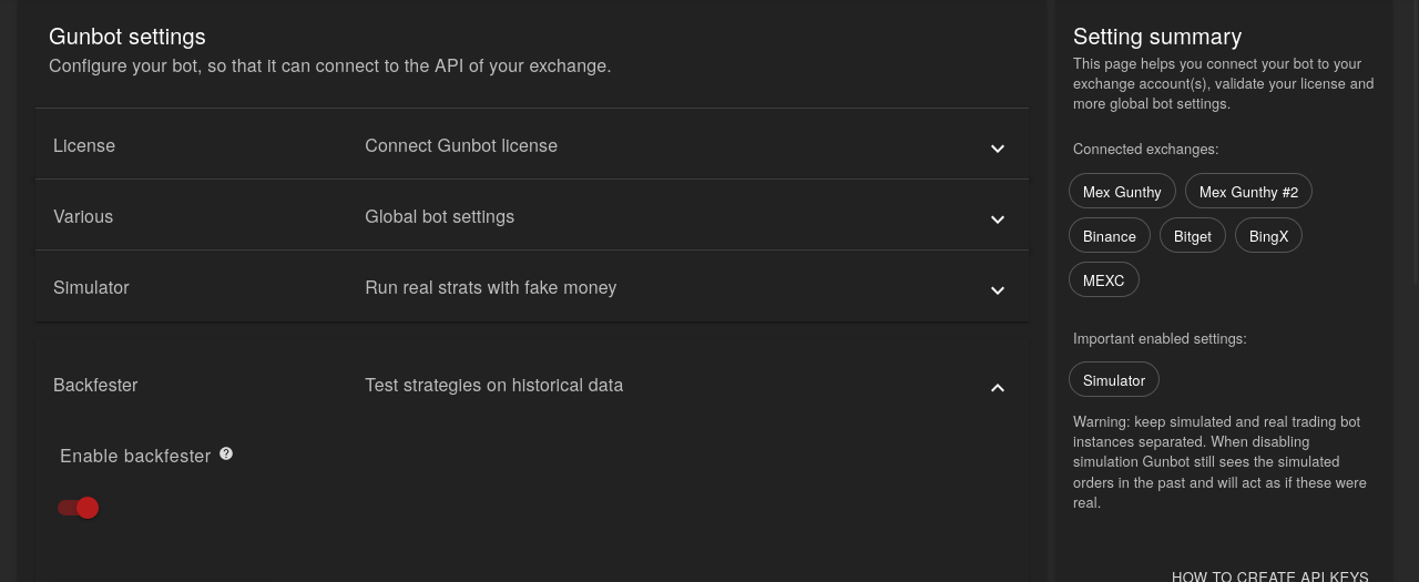Gunbot interface showing the Backfester feature activation switch in the advanced setup section.