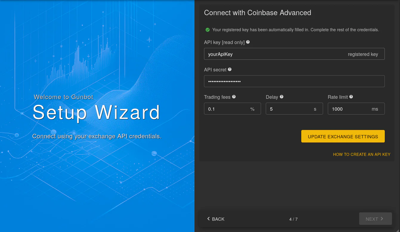 Gunbot setup wizard form for securely entering cryptocurrency exchange API credentials