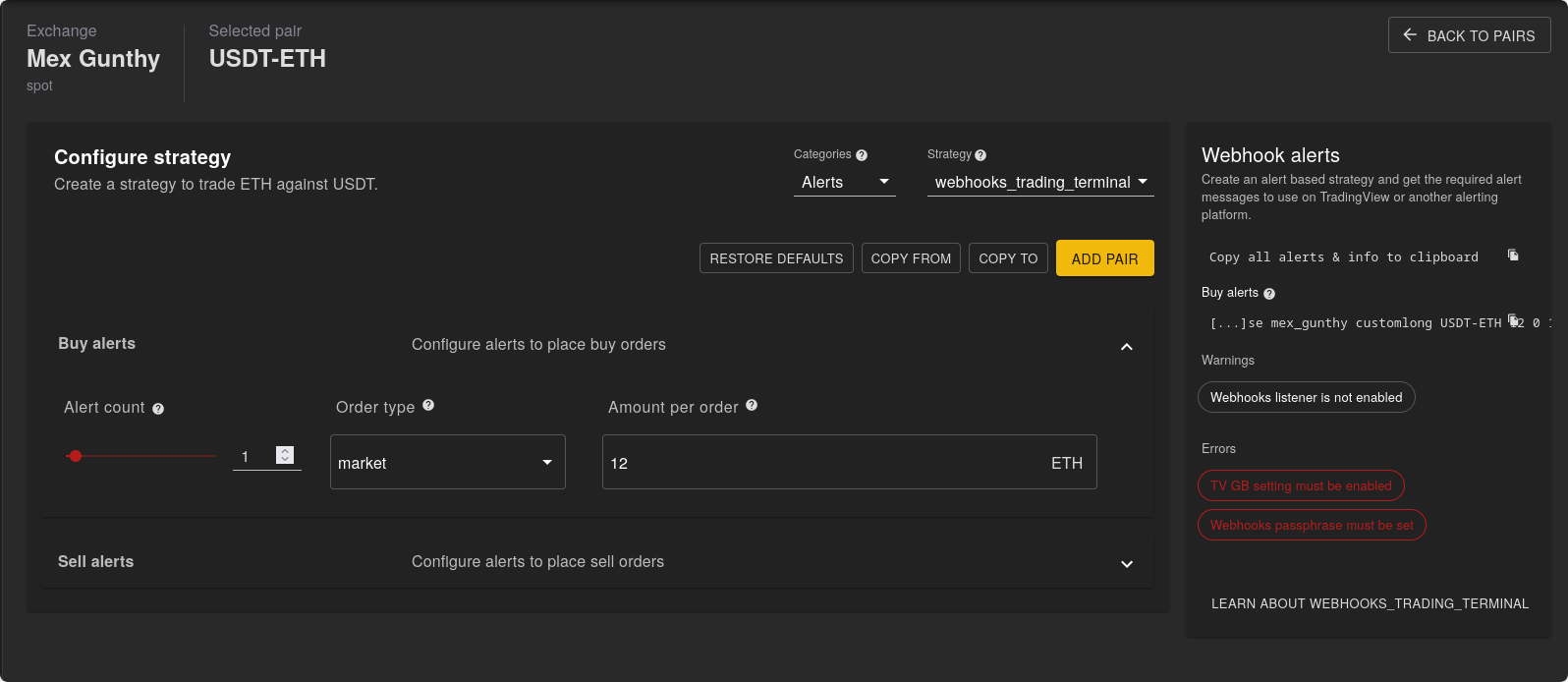 Generate TradingView webhook alert templates in Gunbot Gunbot webhook alert settings for generating TradingView buy and sell alert templates