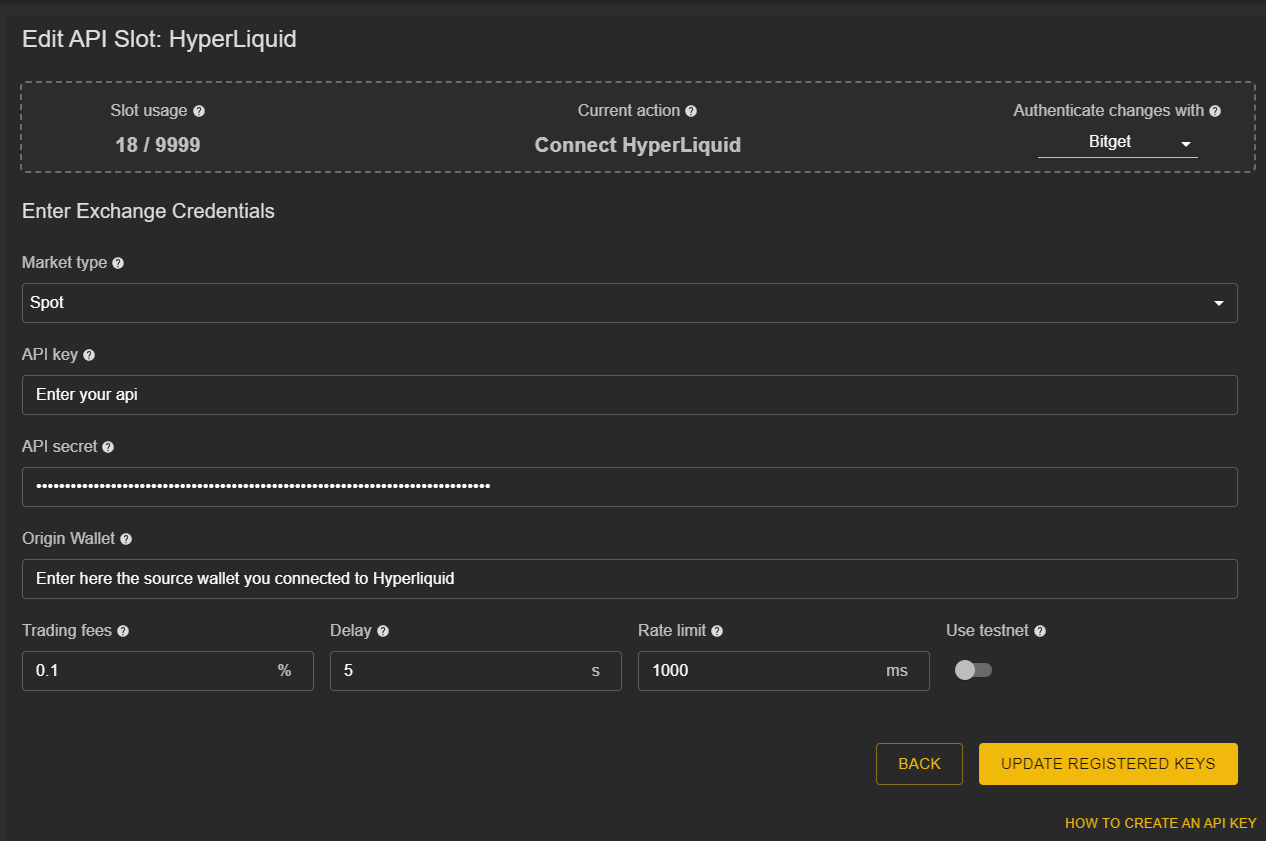 Hyperliquid API key configuration in Gunbot GUI Hyperliquid API key configuration in Gunbot GUI