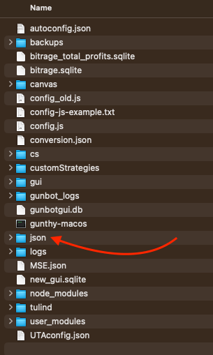 Gunbot JSON state file showing stored pair data and automated trading runtime values
