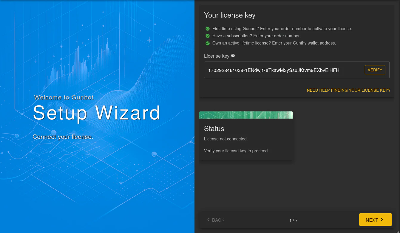Gunbot setup wizard field for entering a self-hosted automated trading license key