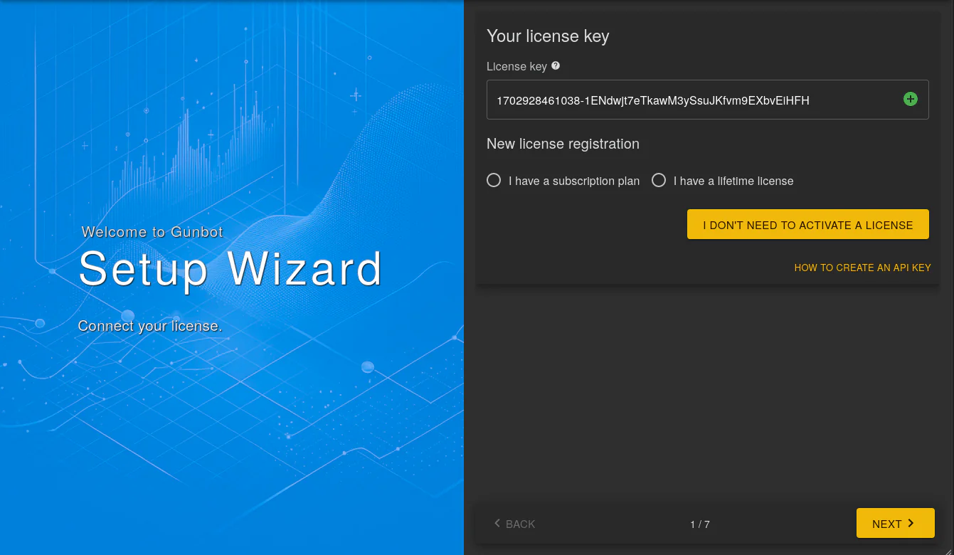 Gunbot setup wizard showing the available license types for self-hosted trading