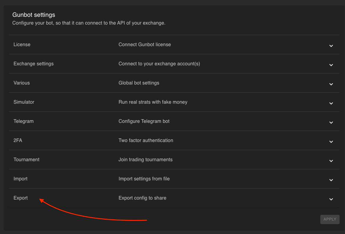 Sanitized Gunbot configuration file with private exchange credentials removed before sharing