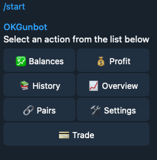 Starting a chat with the Gunbot Telegram bot Gunbot Telegram bot command menu with balances, profit, history, pairs, settings, and trade actions