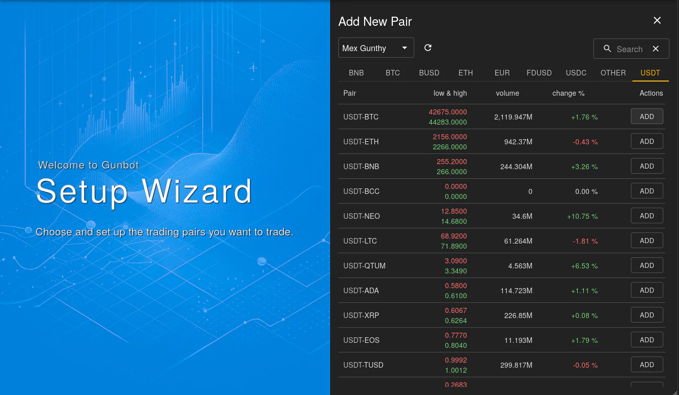 Gunbot setup wizard for selecting a cryptocurrency trading pair and quote currency