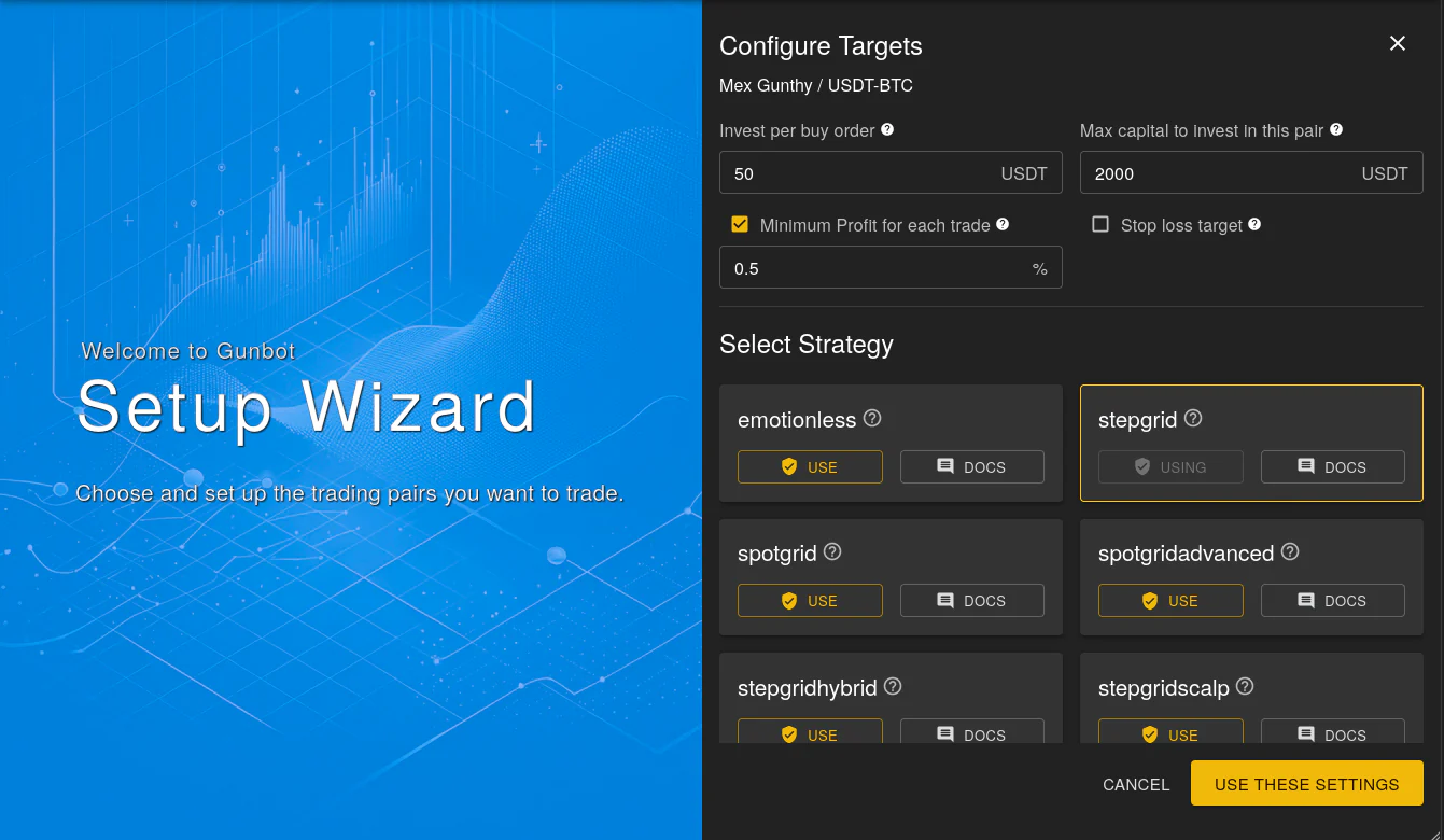 Gunbot setup wizard showing automated trading strategy parameters and investment limits