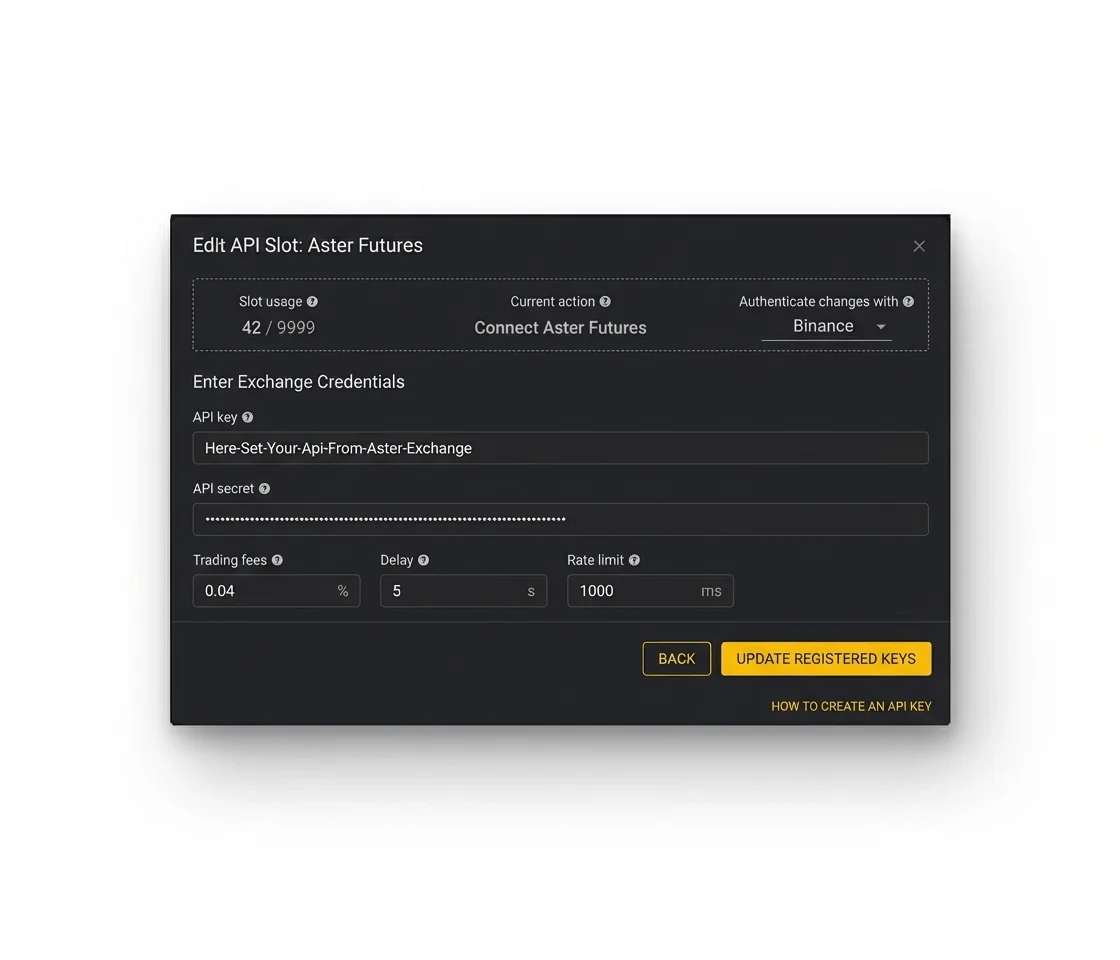 Configuring Aster Futures API credentials inside the Gunbot interface Configuring Aster Futures API credentials inside the Gunbot interface