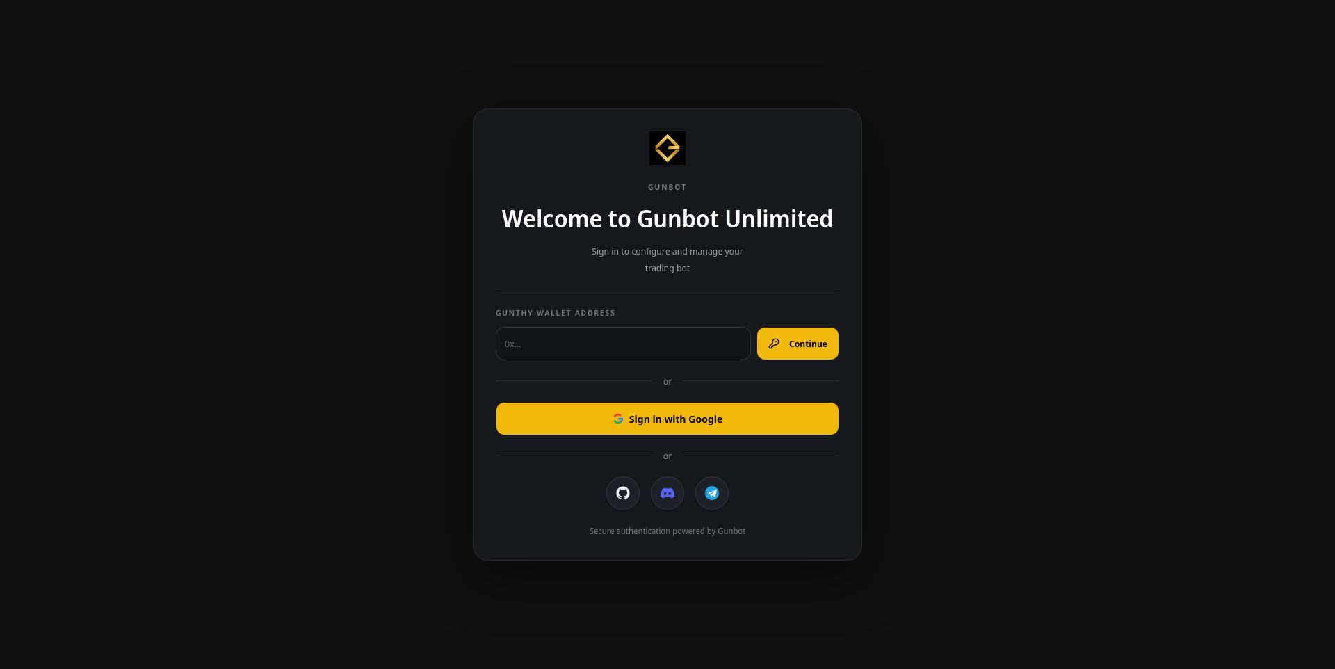 Gunbot Unlimited sign-in screen Gunbot Unlimited sign-in screen