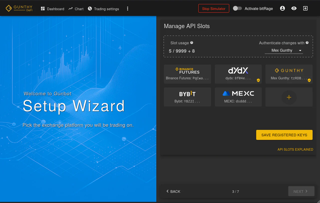 Overview of API slots management interface showing connected exchanges